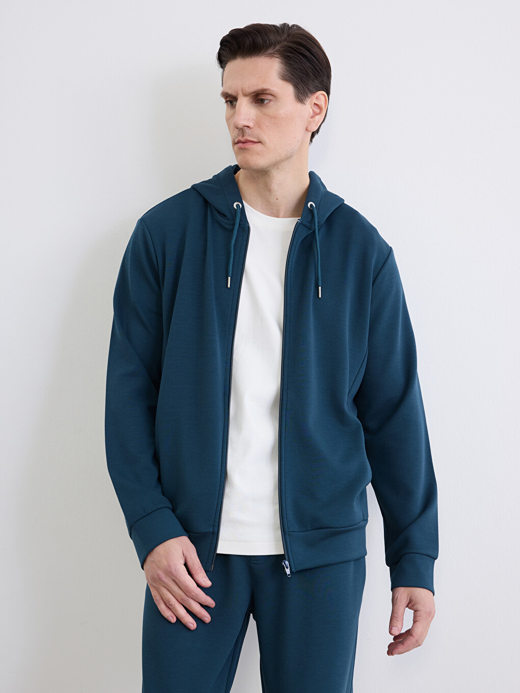 Petrol Kapüşonlu Erkek Soft Touch Fermuarlı Sweatshirt