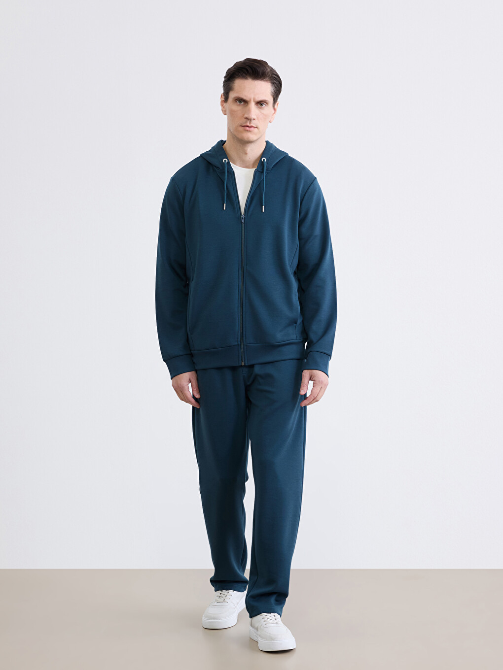Petrol Kapüşonlu Erkek Soft Touch Fermuarlı Sweatshirt-1