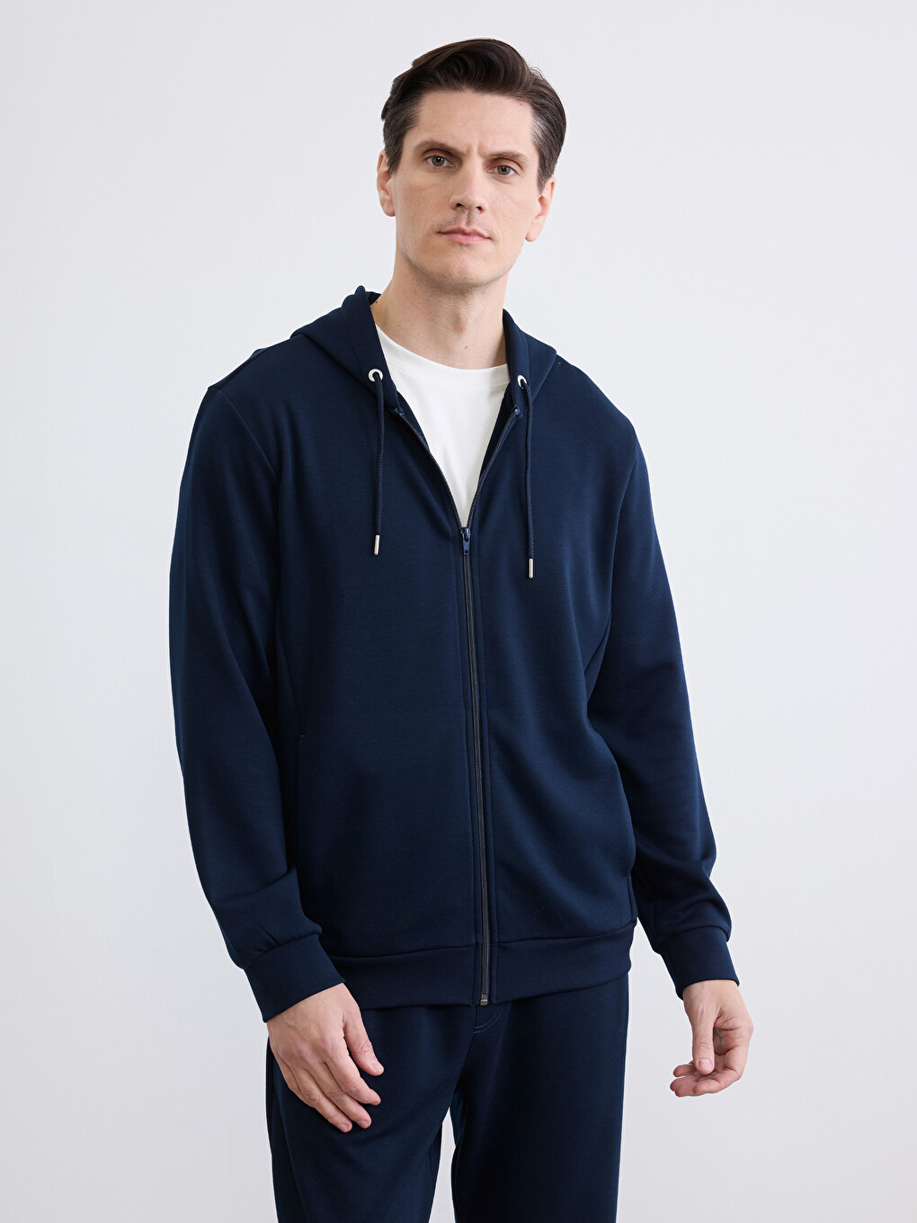 Lacivert Kapüşonlu Erkek Soft Touch Fermuarlı Sweatshirt