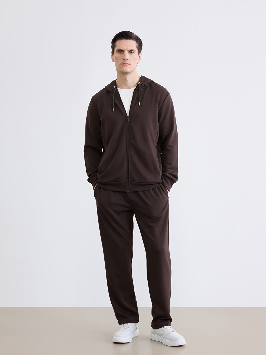 Kahverengi Kapüşonlu Erkek Soft Touch Fermuarlı Sweatshirt-1