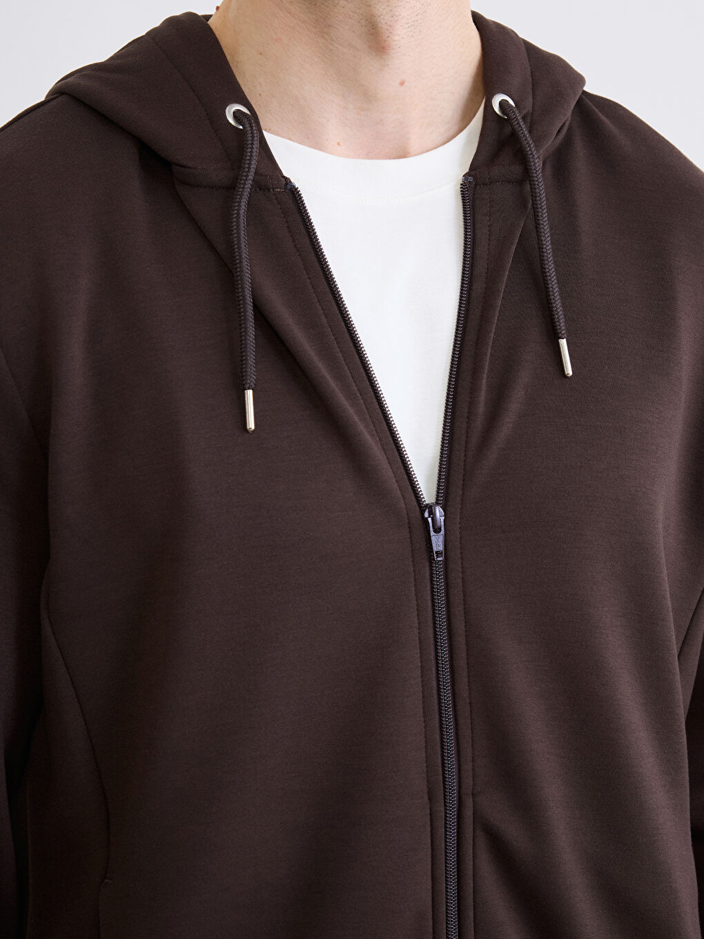 Kahverengi Kapüşonlu Erkek Soft Touch Fermuarlı Sweatshirt-2
