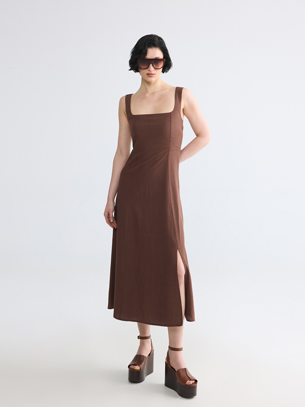 Square Neck Linen Blend Dress