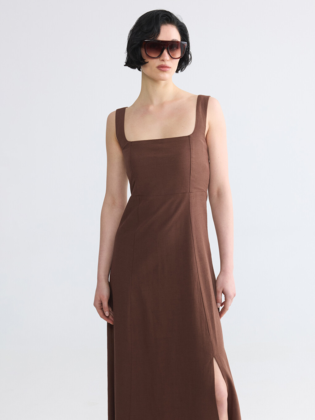 Square Neck Linen Blend Dress-1