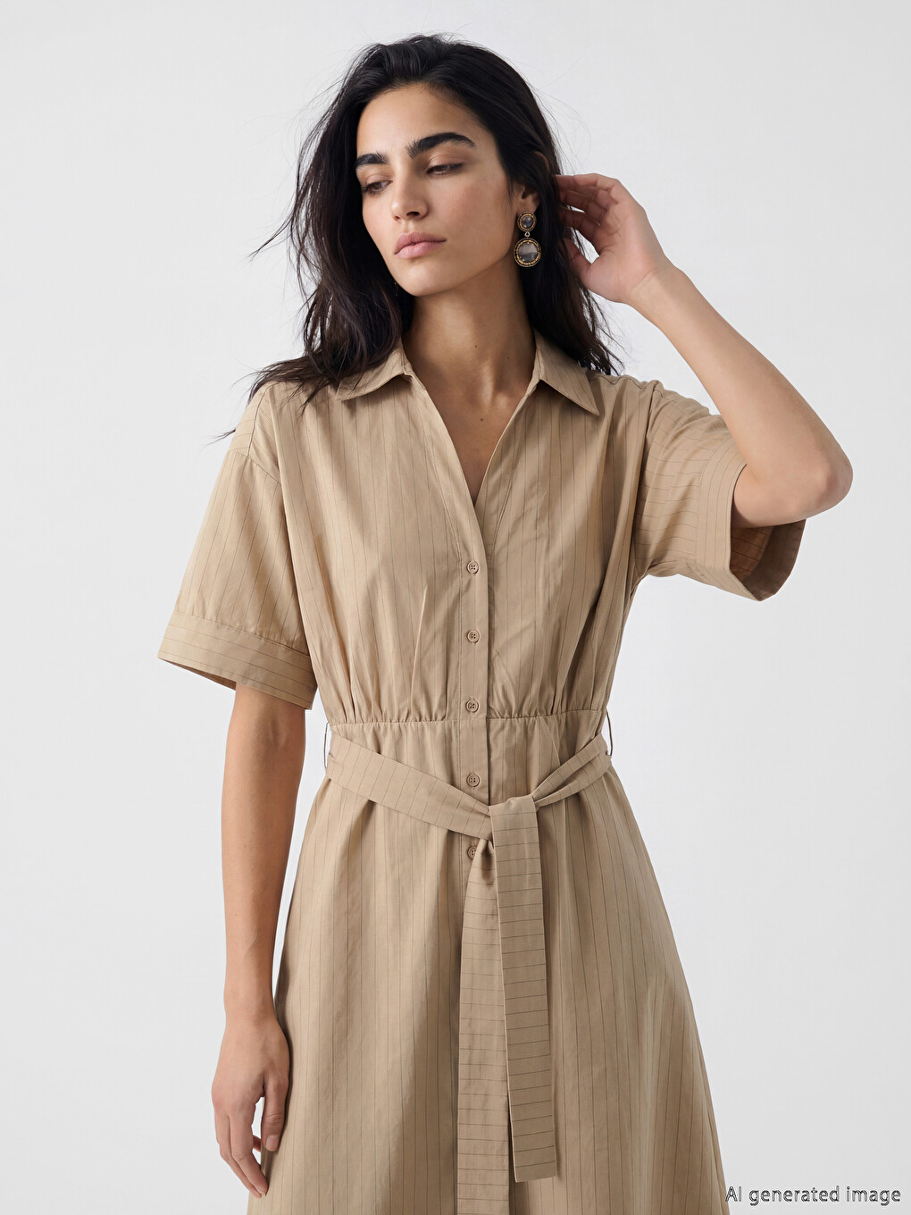 Striped Sash Ruched Shirt Dress-1