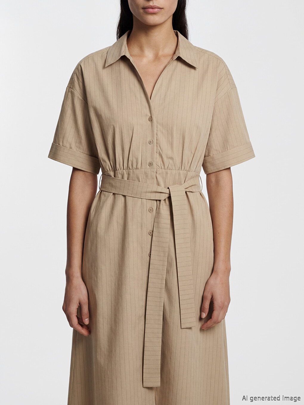 Striped Sash Ruched Shirt Dress-2