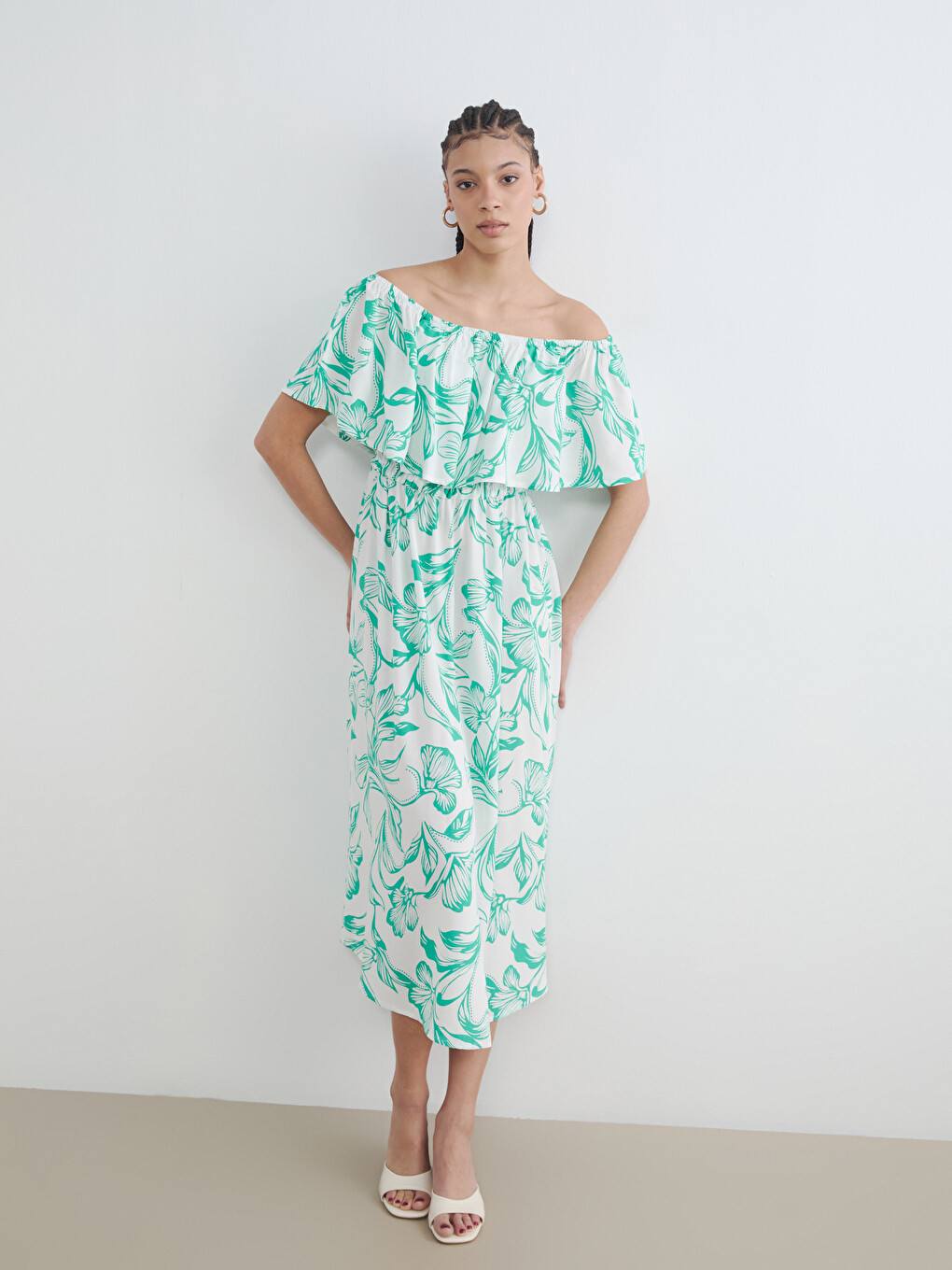 Slash Neck Patterned A-line Dress