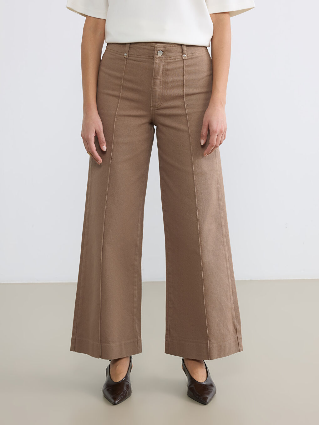 Bej Yüksek Bel Wideleg Kadın Jean Pantolon-1