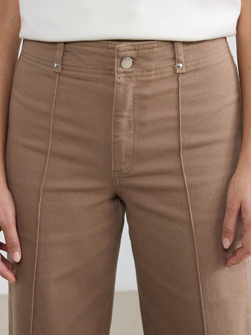 Bej Yüksek Bel Wideleg Kadın Jean Pantolon-2