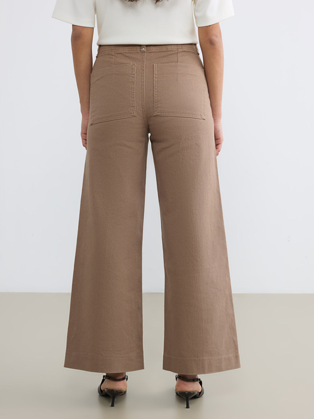 Bej Yüksek Bel Wideleg Kadın Jean Pantolon-3