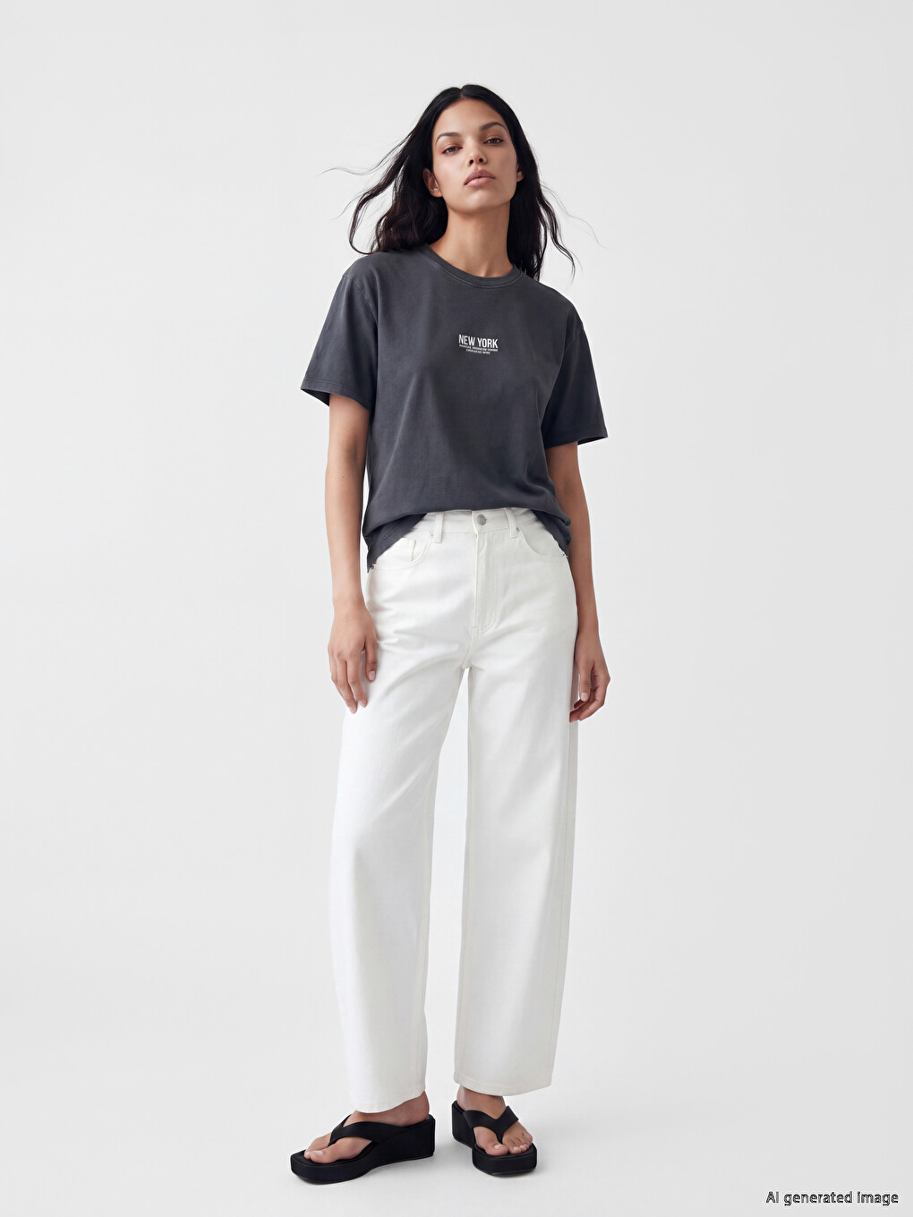 Gri New York Baskılı Oversize Kadın Tişört-1
