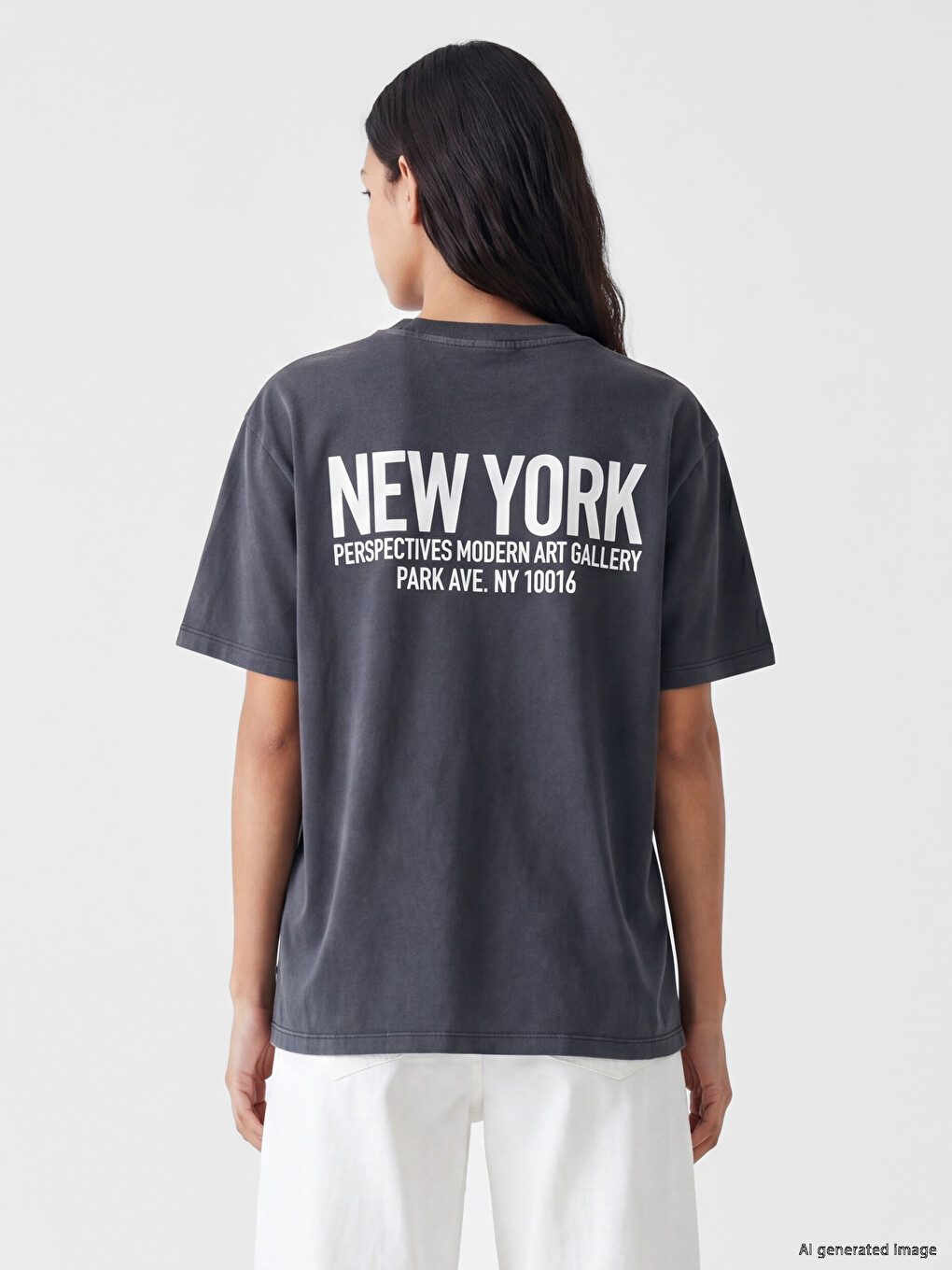 Gri New York Baskılı Oversize Kadın Tişört-3