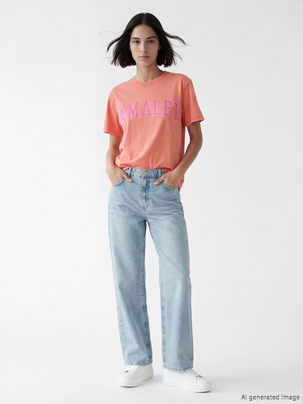 Mercan Amalfi Baskılı Oversize Kadın Tişört-1