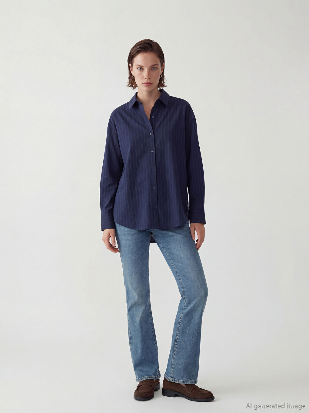 Lacivert Çizgili Oversize Kadın Gömlek-1