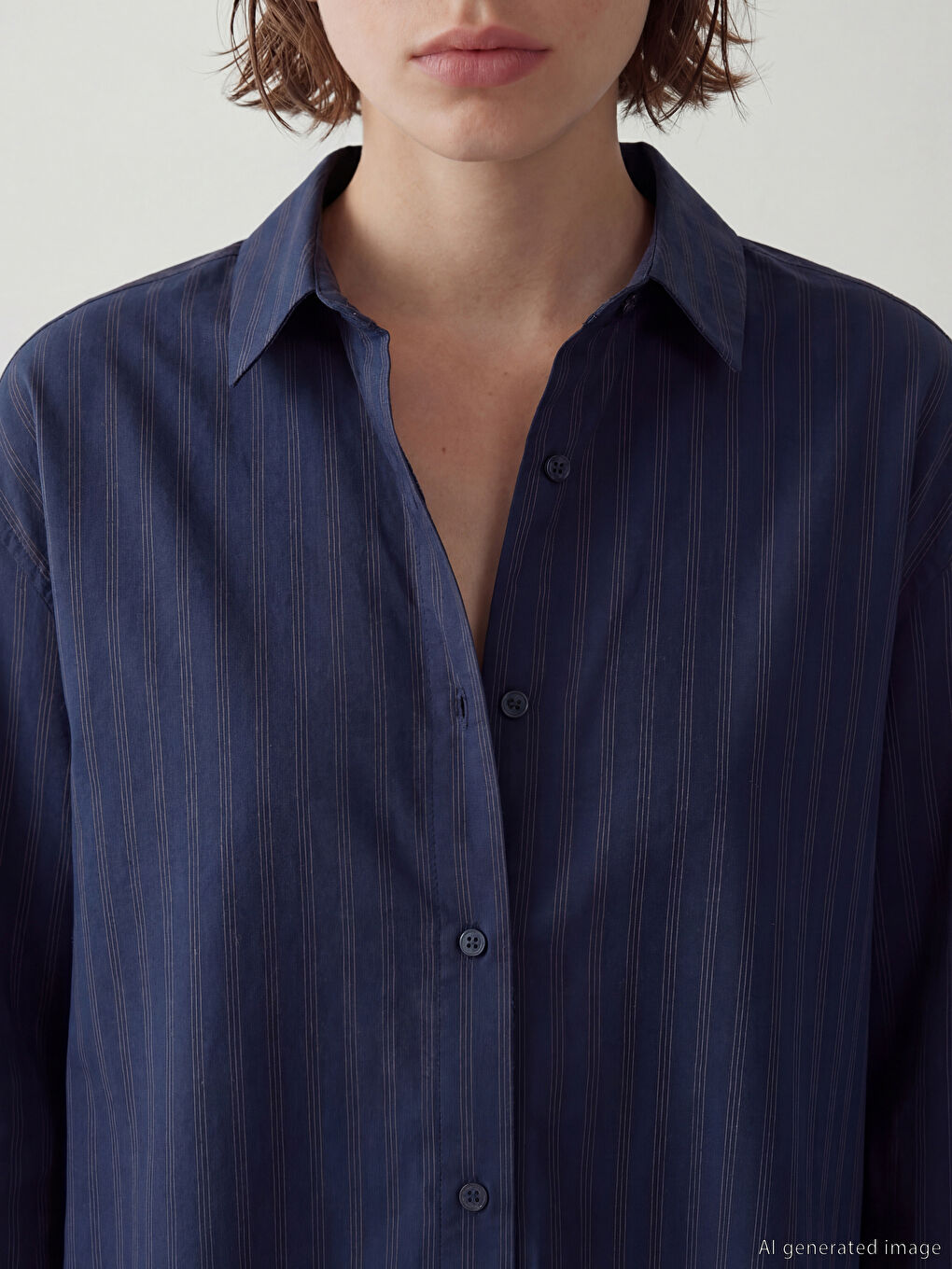 Lacivert Çizgili Oversize Kadın Gömlek-2