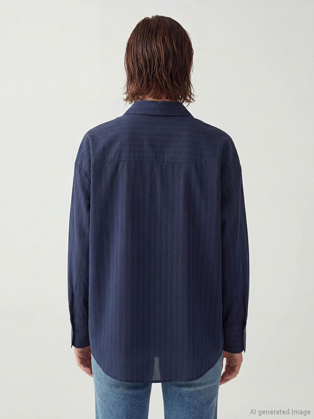 Lacivert Çizgili Oversize Kadın Gömlek-3