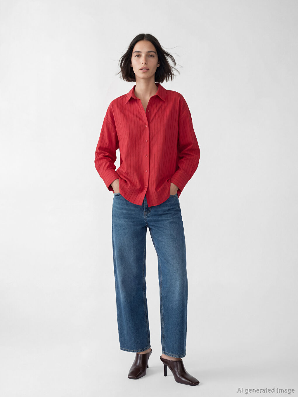 Kırmızı Çizgili Oversize Kadın Gömlek-1