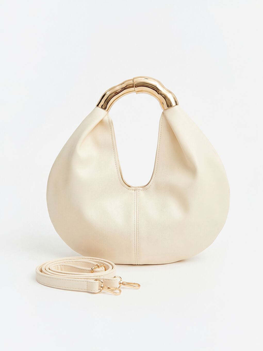 Ekru Metal Saplı Deri Görünümlü Kadın Omuz Çantası-1