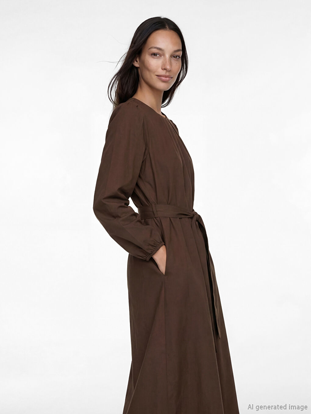 Ženska haljina od poplina sa okruglim izrezom i pojasom-1