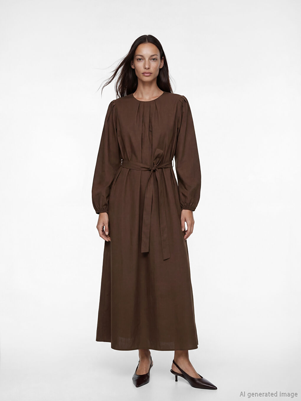 Ženska haljina od poplina sa okruglim izrezom i pojasom-2