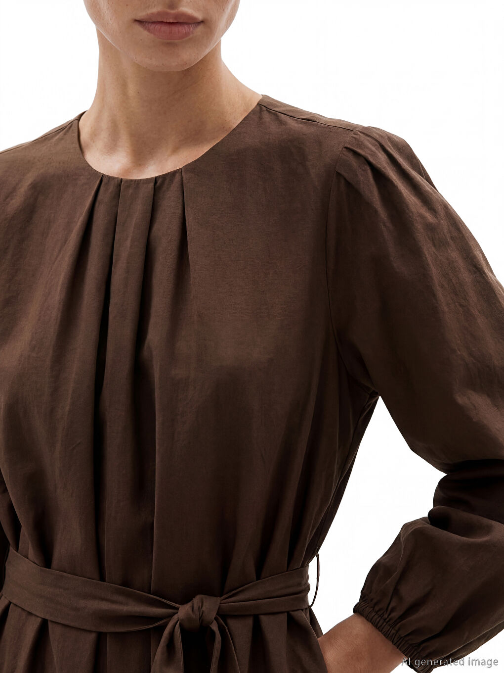 Ženska haljina od poplina sa okruglim izrezom i pojasom-3