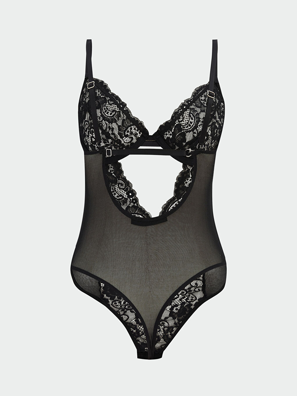 Siyah Balenli Dolgusuz Dantelli Bodysuit-1