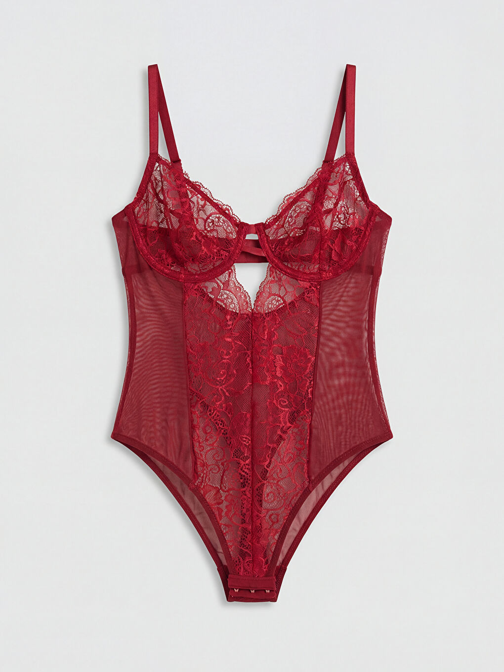 Kırmızı Balenli Dolgusuz Dantelli Bodysuit