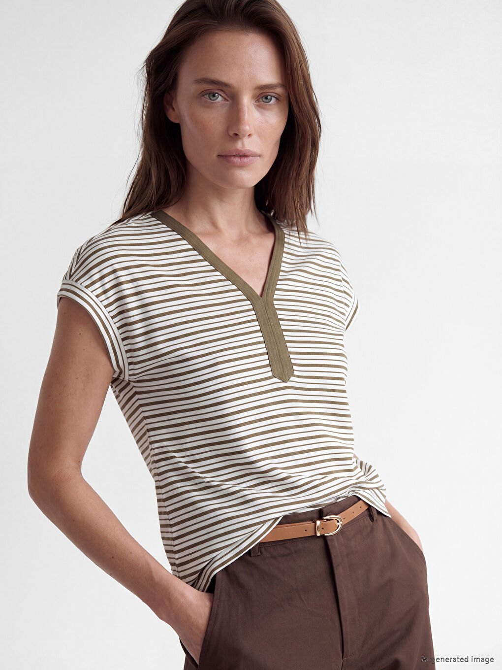 V Neck Striped Women's T-Shirt