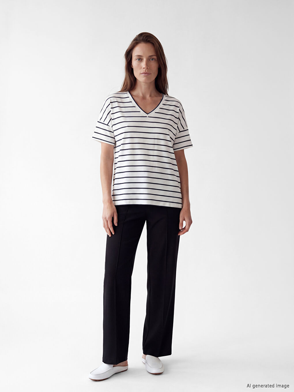 V Neck Striped Women's T-Shirt-1