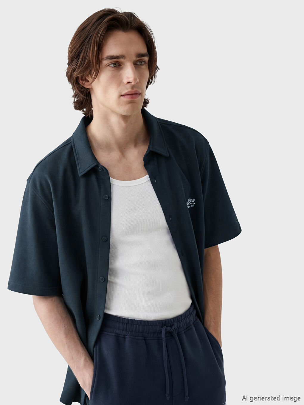 Lacivert Relax Fit Nakışlı Erkek Gömlek