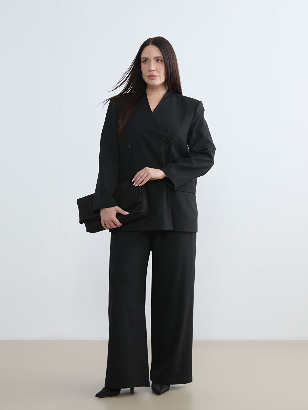 Siyah Kruvaze Yaka Kadın Blazer Ceket	-1