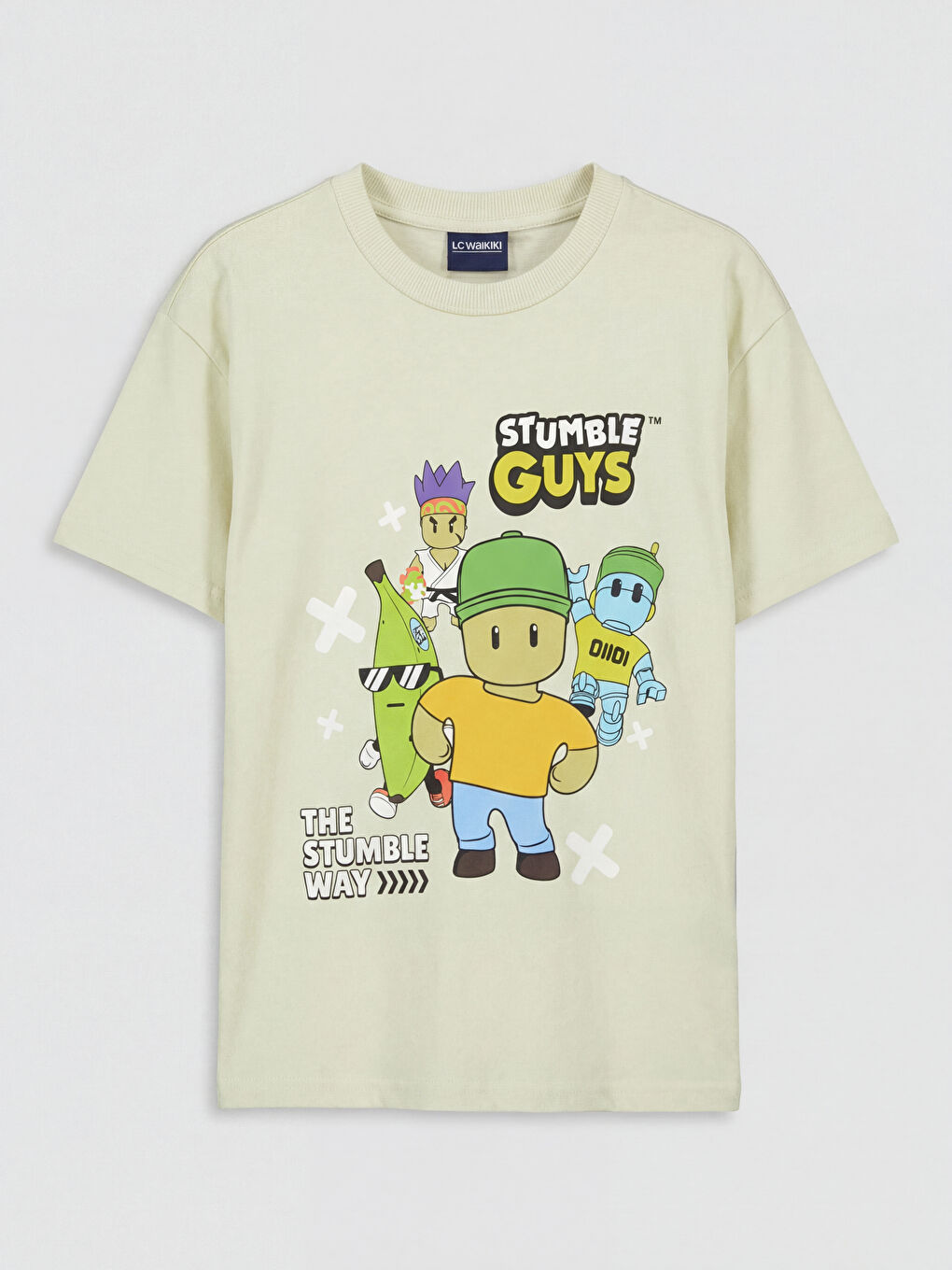Bej Bisiklet Yaka Stumble Guys Baskılı Erkek Çocuk Tişört