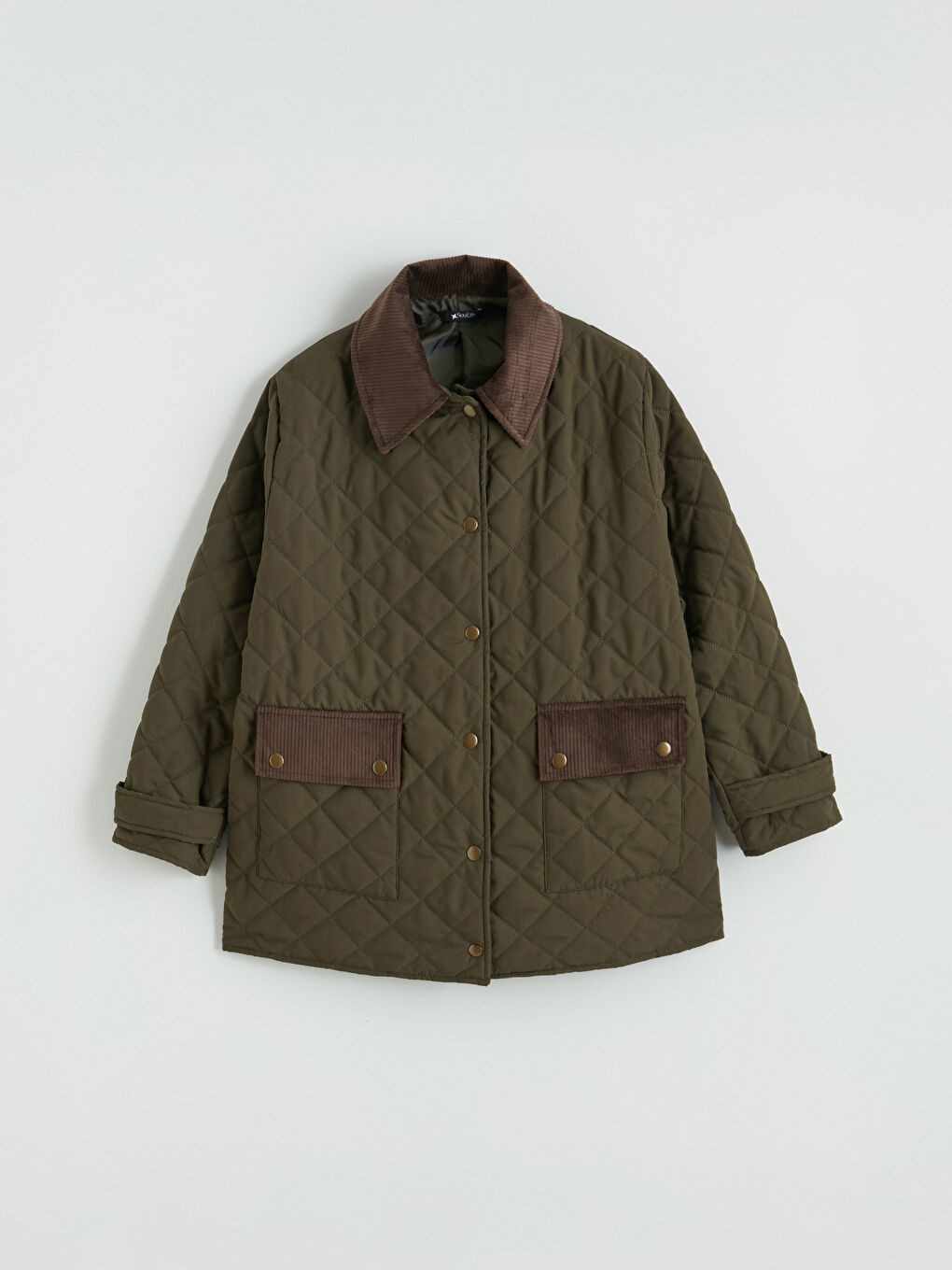 Haki Büyük Beden Kadife Yaka Kapitone Kadın Mont-5