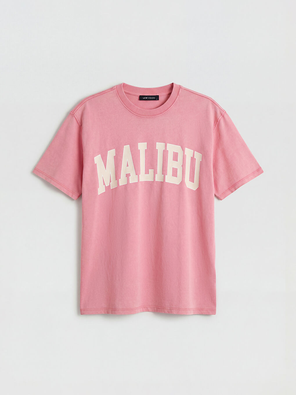 Pembe Malibu Baskılı Oversize Kadın Tişört-3