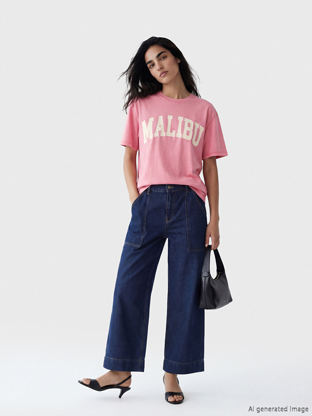 Pembe Malibu Baskılı Oversize Kadın Tişört-1