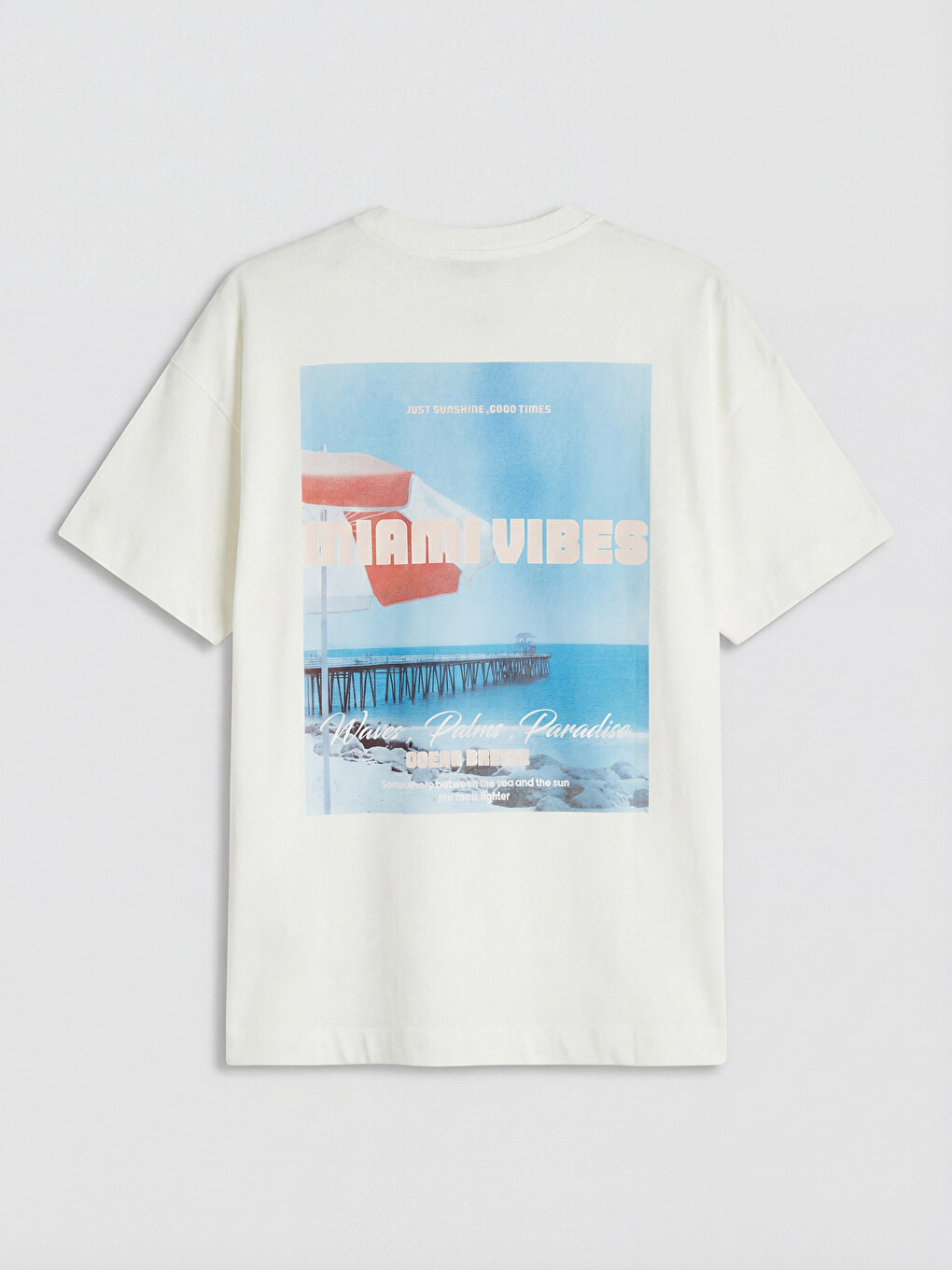 Beyaz Bisiklet Yaka Miami Baskılı Oversize Kadın Tişört-5