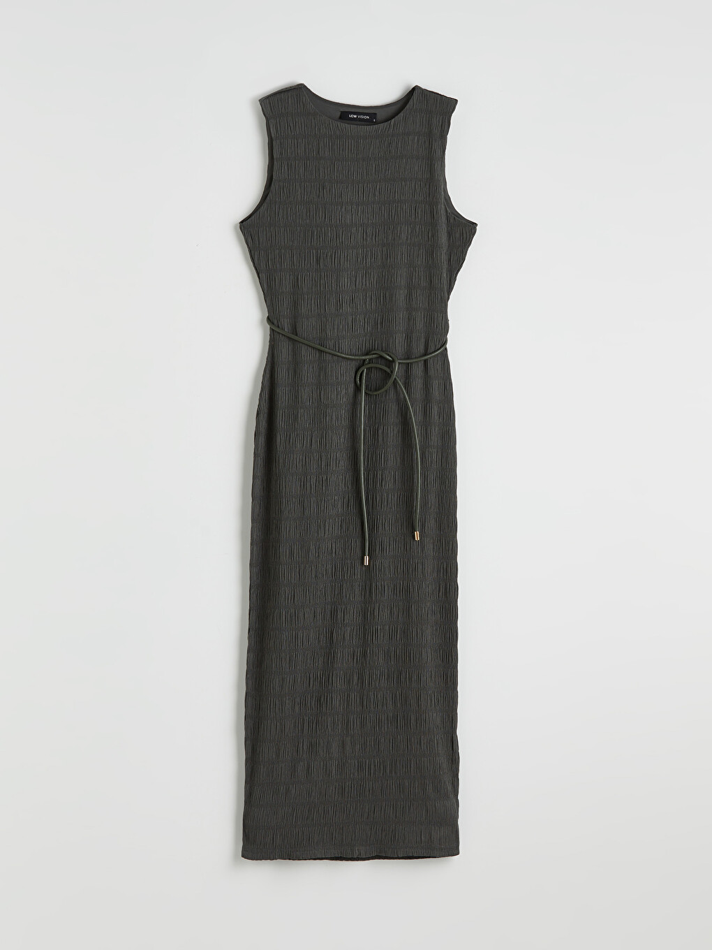 Rochie Texturată cu Curea cu Guler Rotund-4