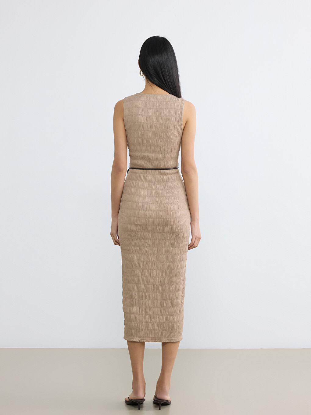 Rochie Texturată cu Curea cu Guler Rotund-3