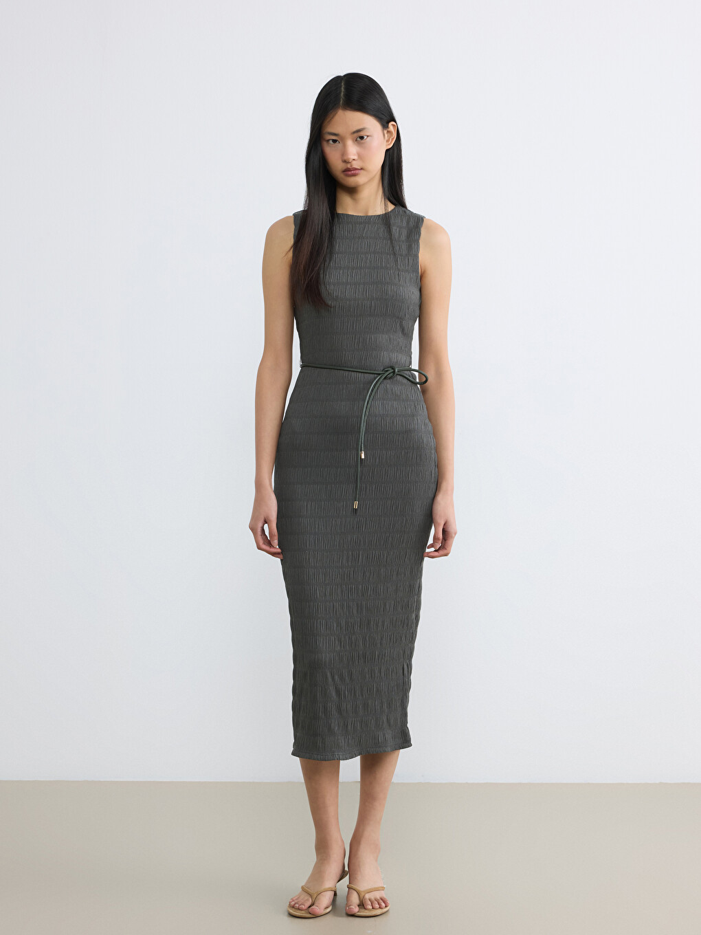 Rochie Texturată cu Curea cu Guler Rotund-1