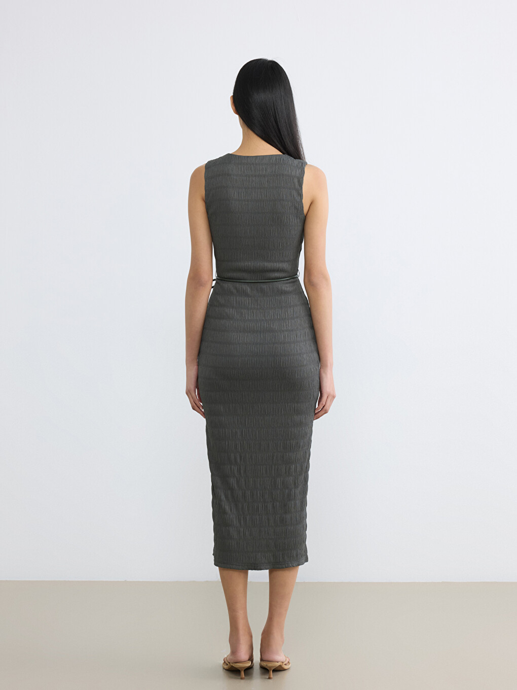 Rochie Texturată cu Curea cu Guler Rotund-3