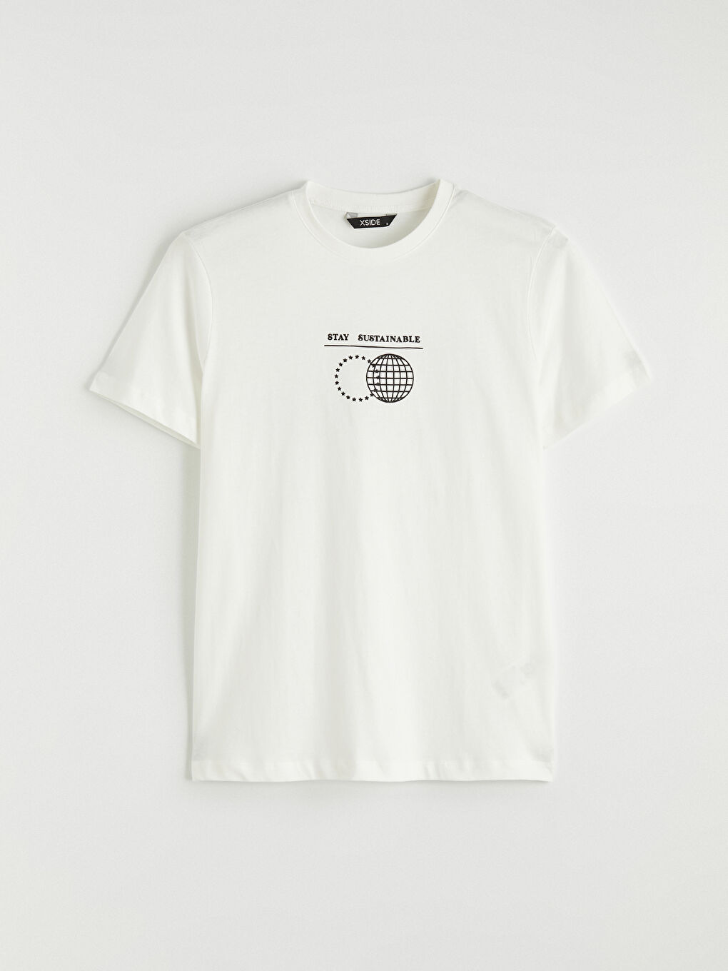 Ekru Bisiklet Yaka Baskılı Penye Erkek Tişört-4