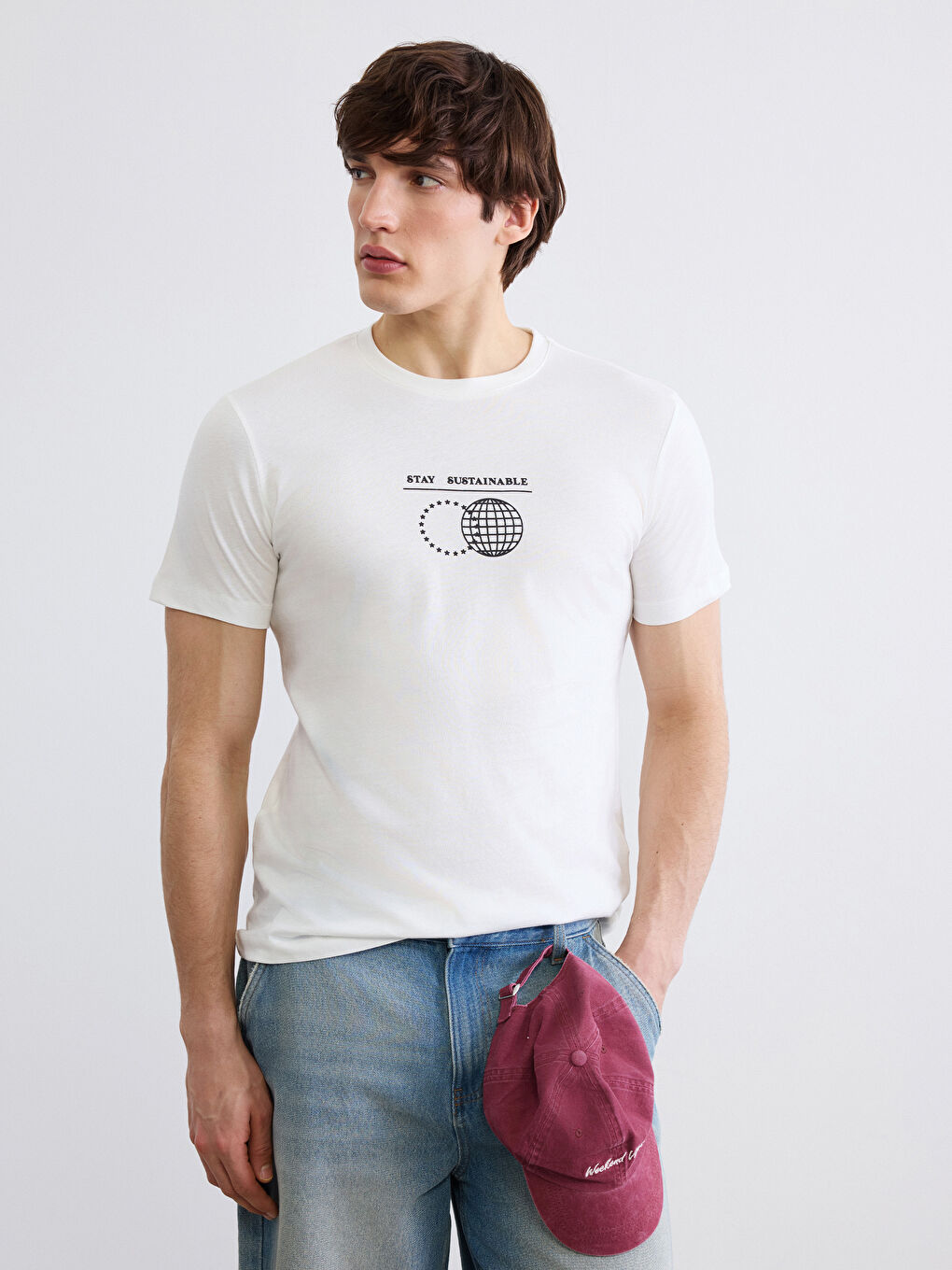 Ekru Bisiklet Yaka Baskılı Penye Erkek Tişört