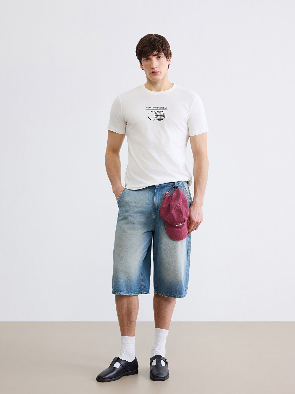 Ekru Bisiklet Yaka Baskılı Penye Erkek Tişört-1