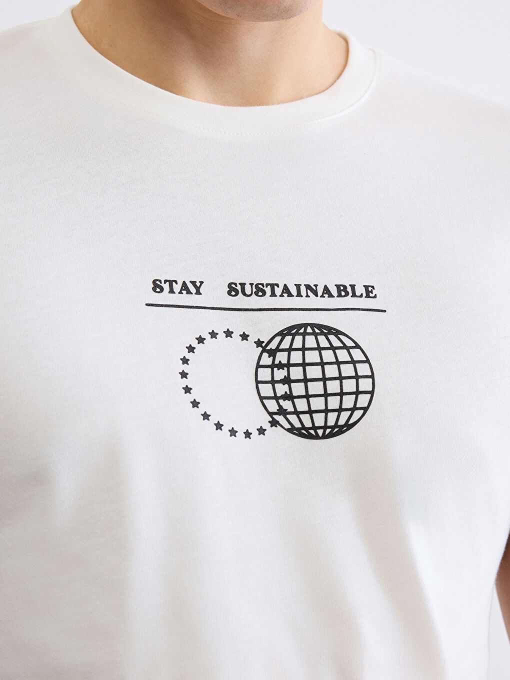 Ekru Bisiklet Yaka Baskılı Penye Erkek Tişört-2