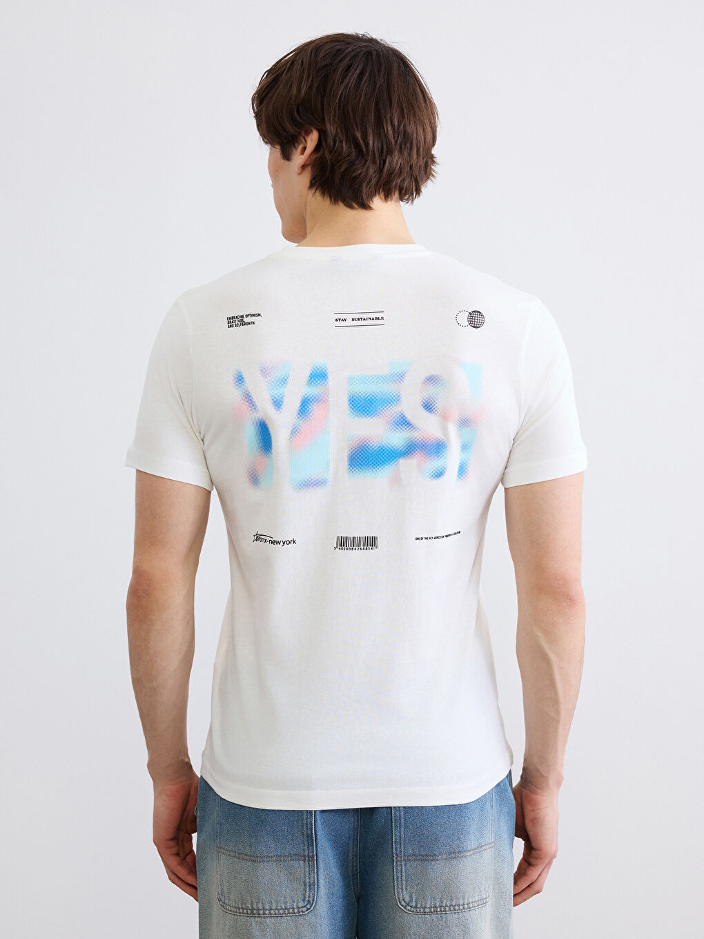 Ekru Bisiklet Yaka Baskılı Penye Erkek Tişört-3