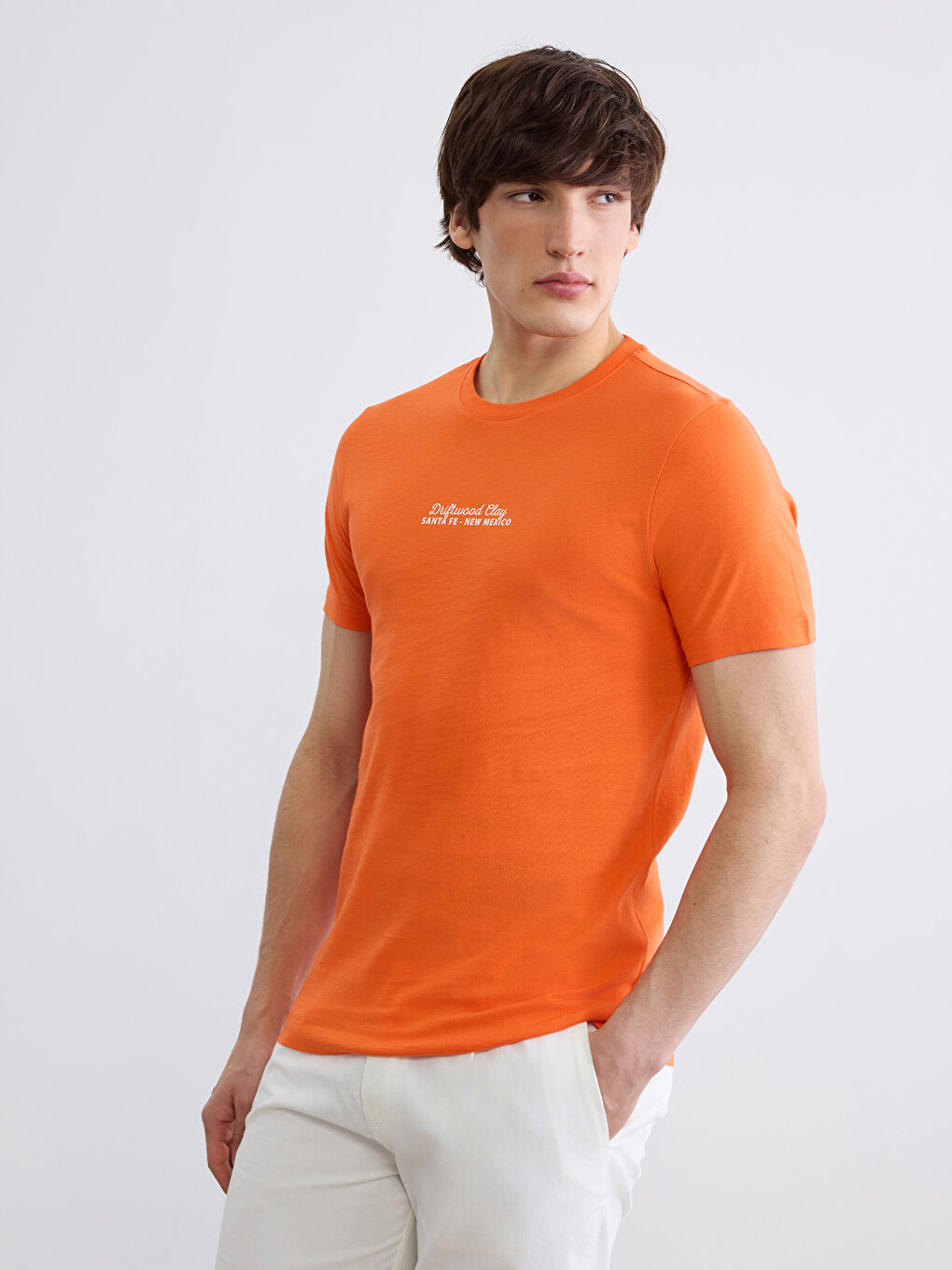 Turuncu Bisiklet Yaka Baskılı Penye Erkek Tişört