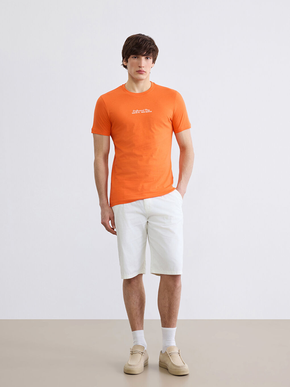 Turuncu Bisiklet Yaka Baskılı Penye Erkek Tişört-1