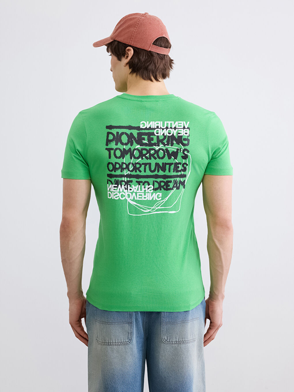 Yeşil Bisiklet Yaka Baskılı Penye Erkek Tişört-3