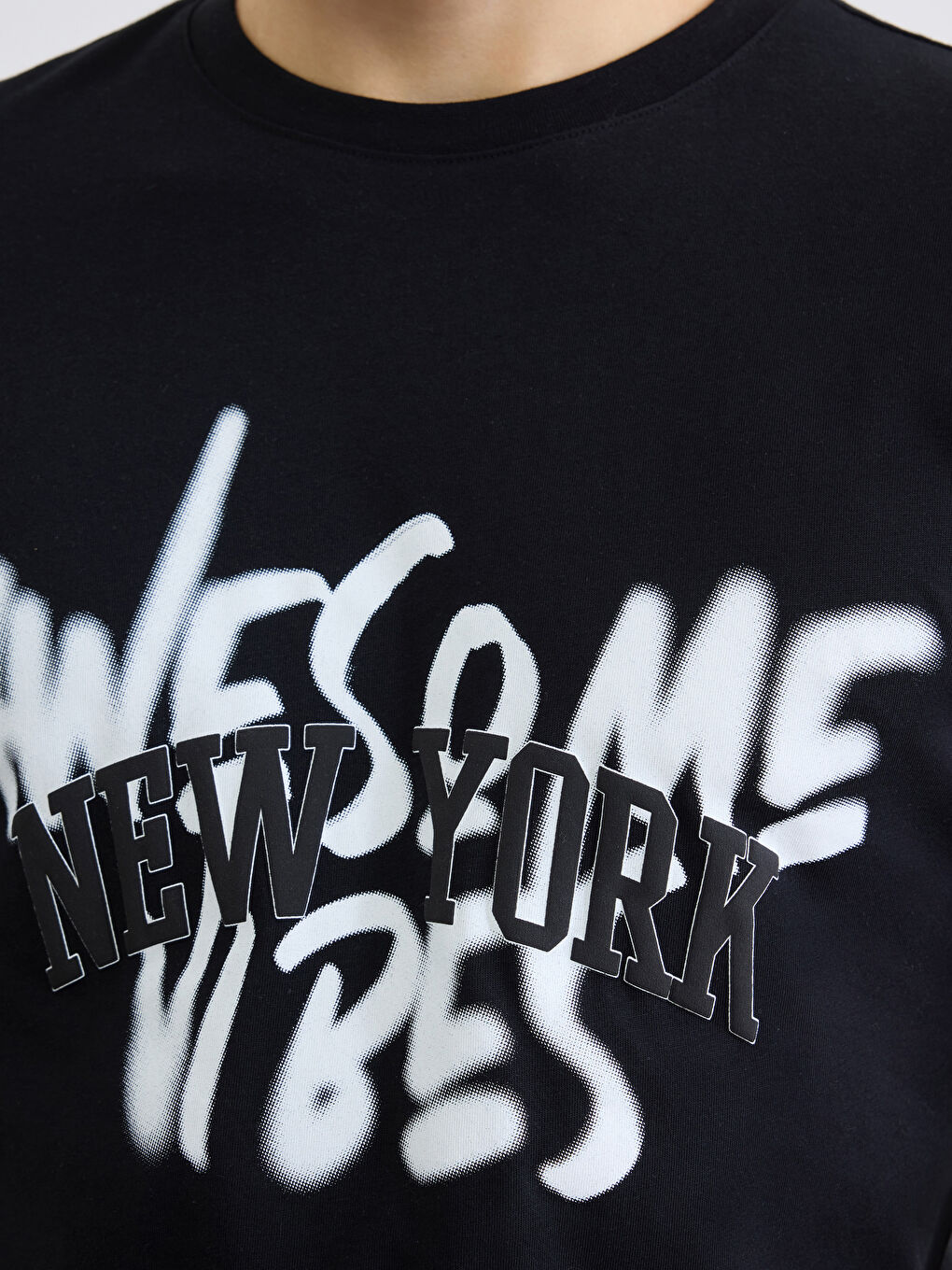Siyah Bisiklet Yaka New York Baskılı Erkek Tişört-2