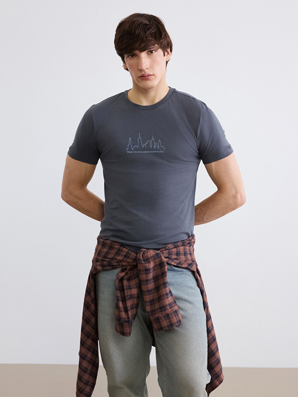 Antrasit Bisiklet Yaka Baskılı Penye Erkek Tişört