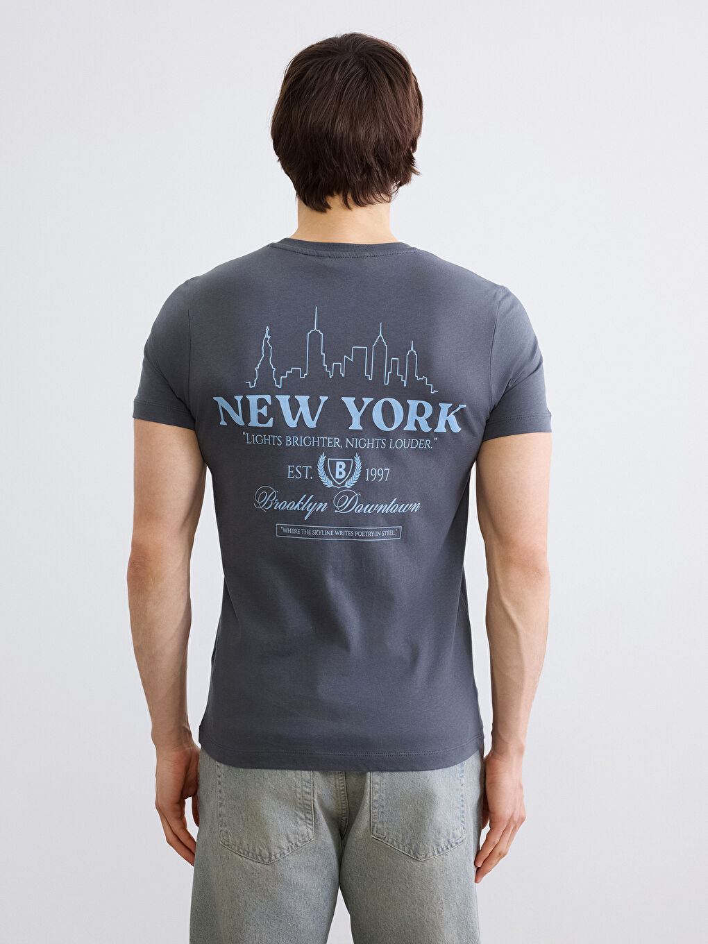 Antrasit Bisiklet Yaka Baskılı Penye Erkek Tişört-3